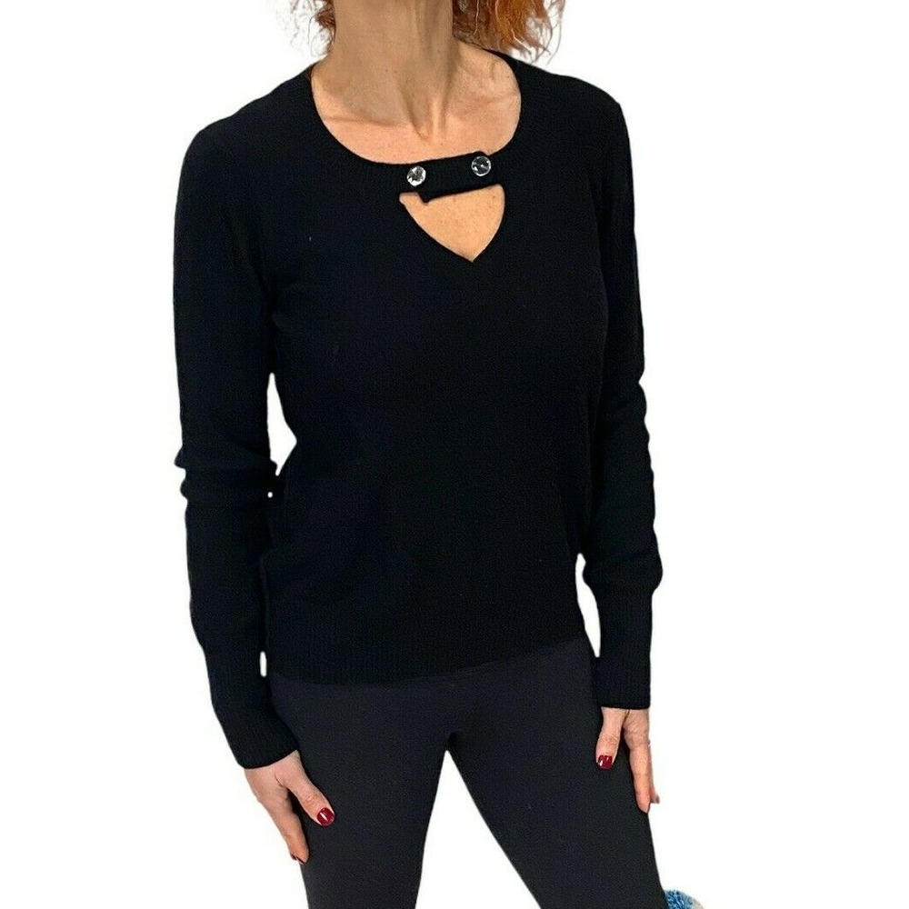 Sonia Rykiel Black V Neck Wool Cashmere Rhinestone Pullover Sweater 40 M